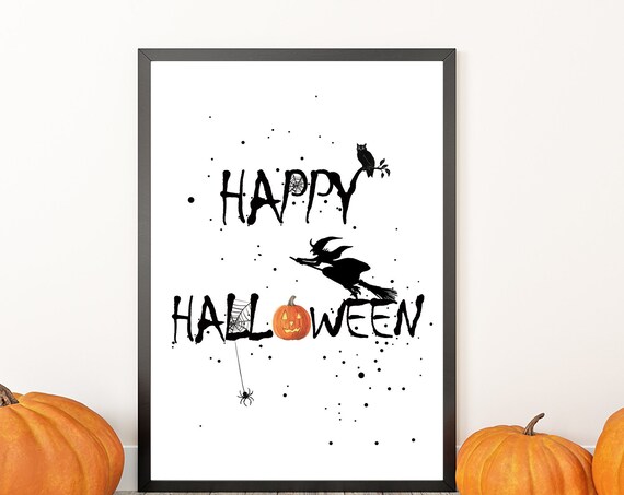 Happy Halloween Poster Witch Pumpkin Wall Art