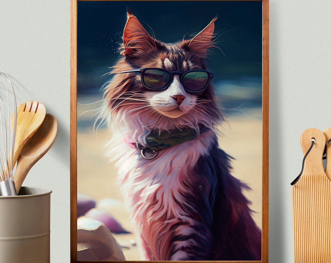 Cool Cat in Sunglasses Funny Long Hair Feline Beach Art Poster