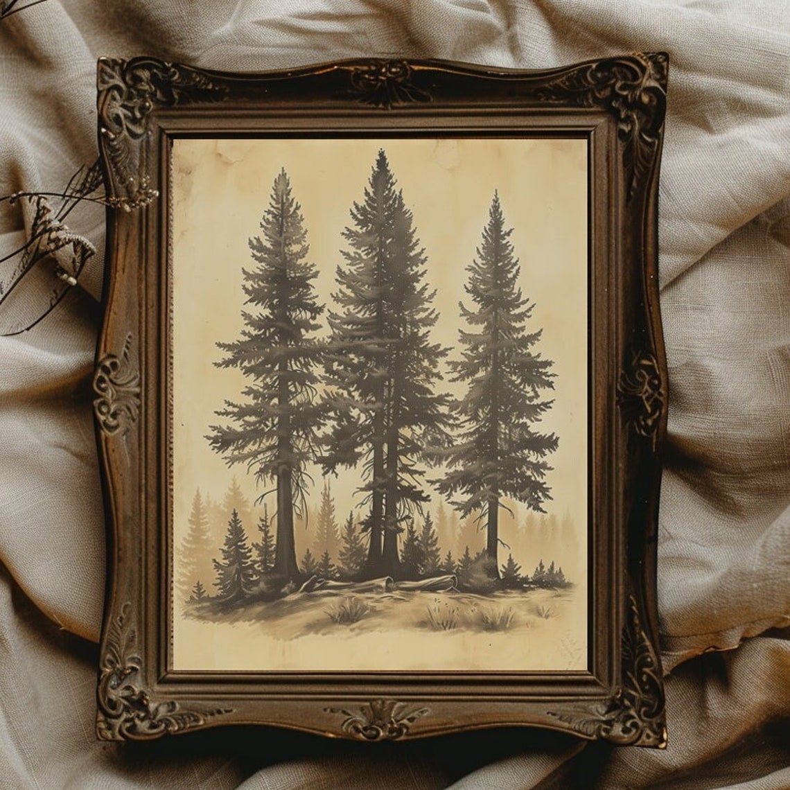 Three Tall Pine Trees Sepia Botanical Vintage Forest Art Poster