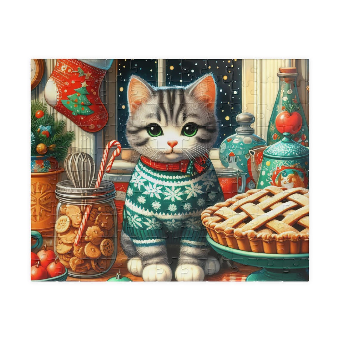 Cute Kitten Christmas Sweater Cozy Kitchen Jigsaw Puzzle Poster - Image 2