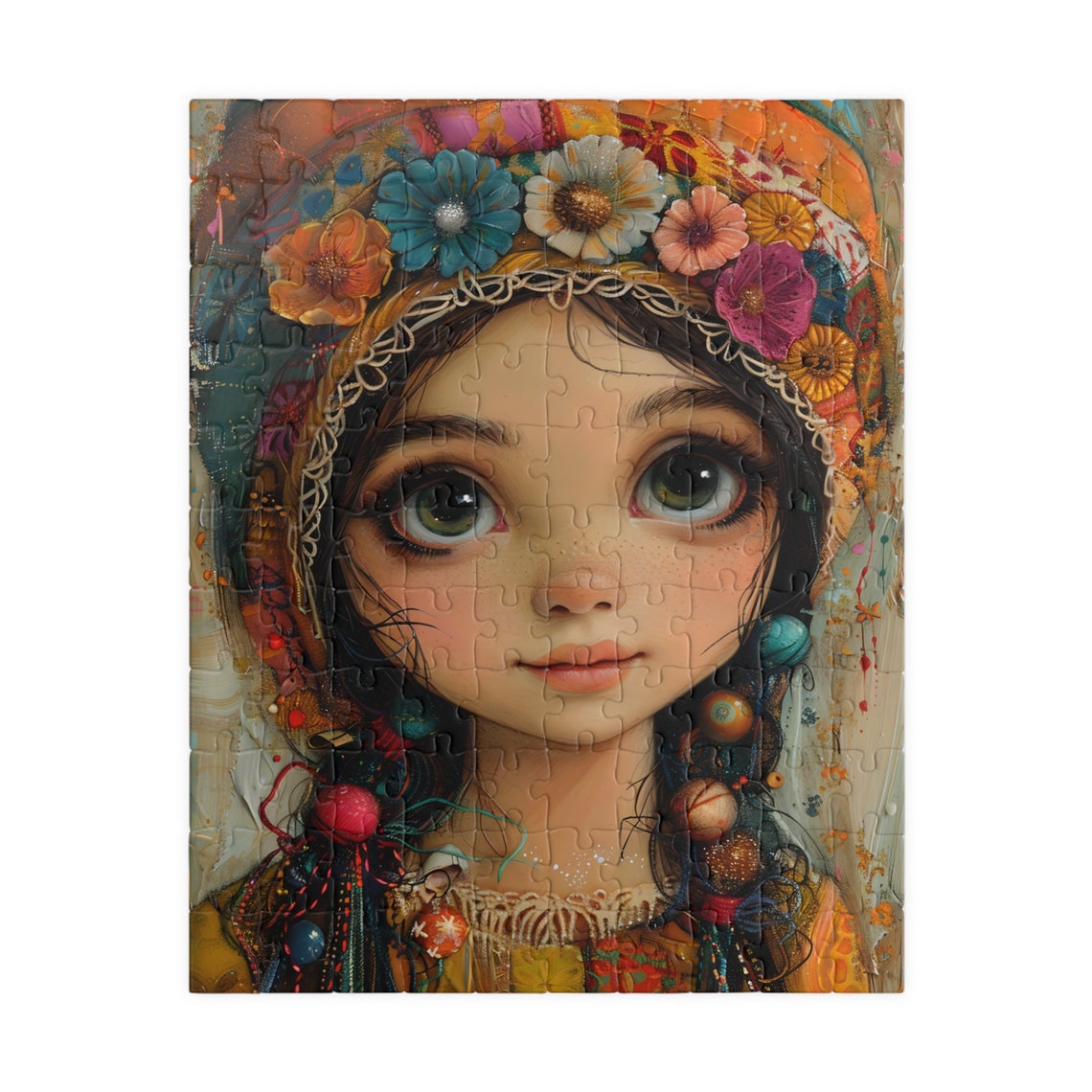 Peasant Girl Portrait With Flower Hat Big Green Eyes Boho Art Poster - Image 2