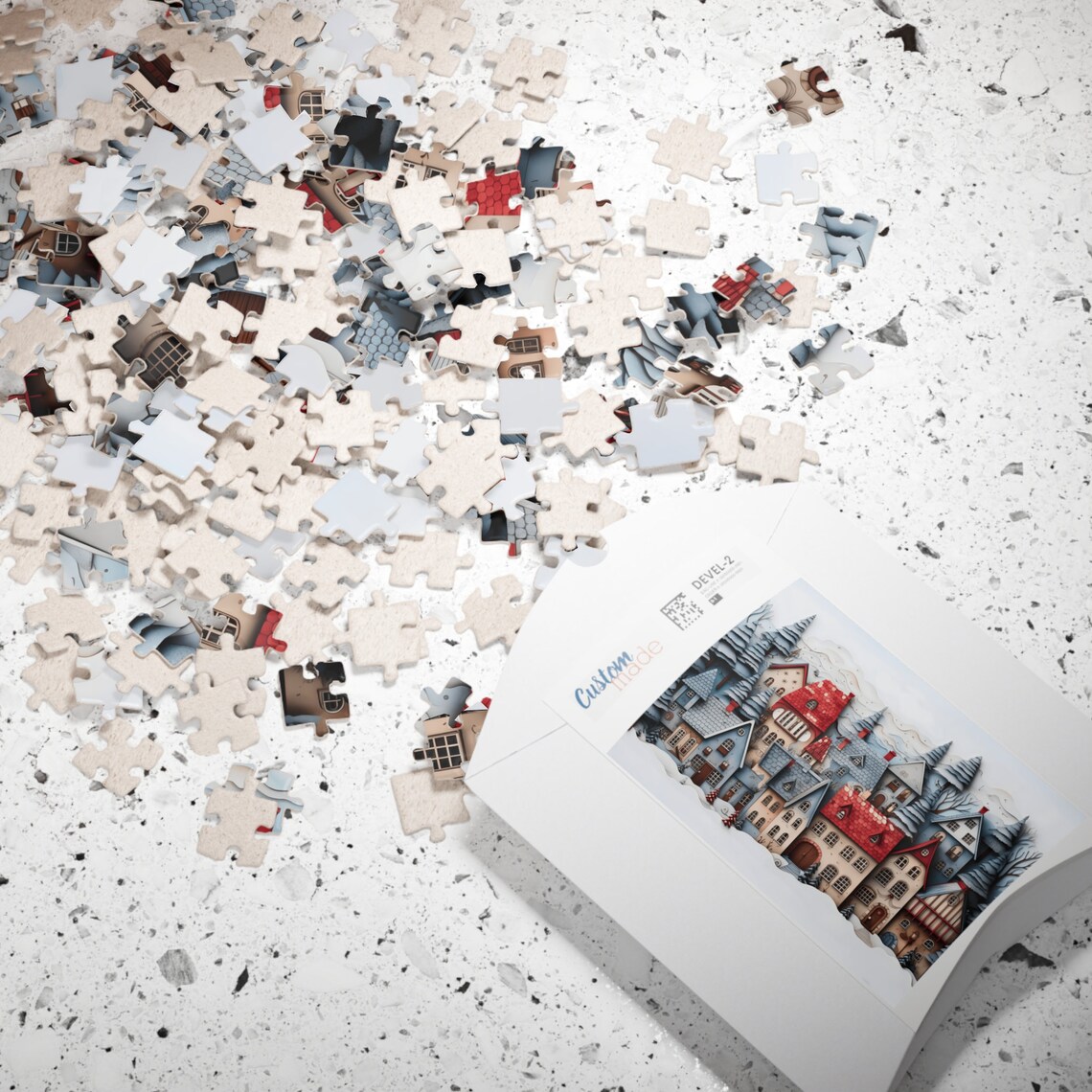 Paper Cut Snowy Village Red Roof Houses Winter Folk Art Poster - Image 2