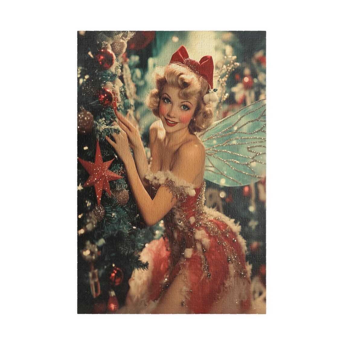 Pretty 1950s Style Christmas Fairy Decorating Tree Retro Art Poster - Image 3