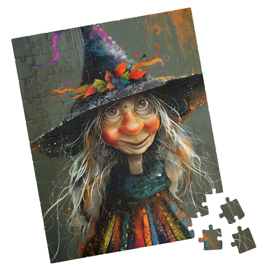 Folk Art Witch Helga in an Autumn Leaves Hat Halloween Poster