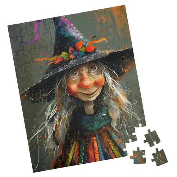 Folk Art Witch Helga in an Autumn Leaves Hat Halloween Poster