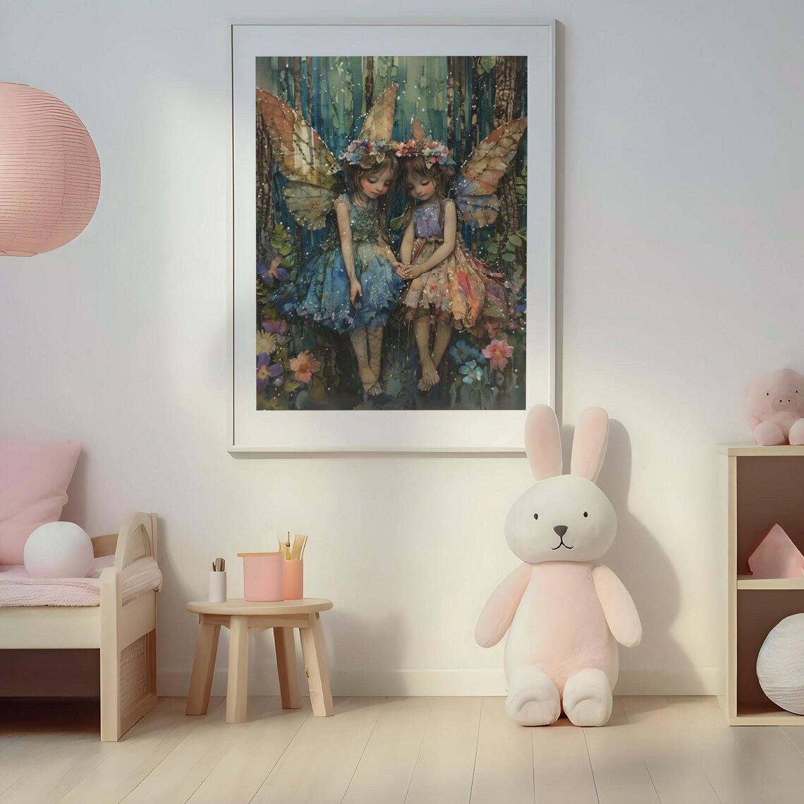 Two Watercolor Fairy Friends with Big Wings in a Flower Forest Poster - Image 2