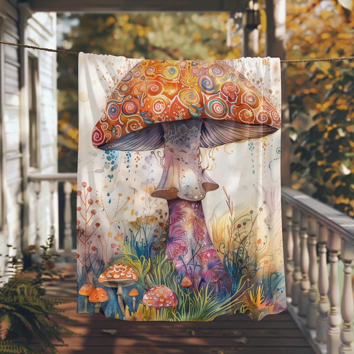 Psychedelic Watercolor Mushroom in a Wildflower Garden Poster