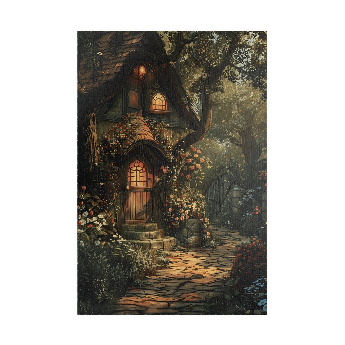 English Cottage at Twilight with Glowing Round Door Roses Poster - Image 3