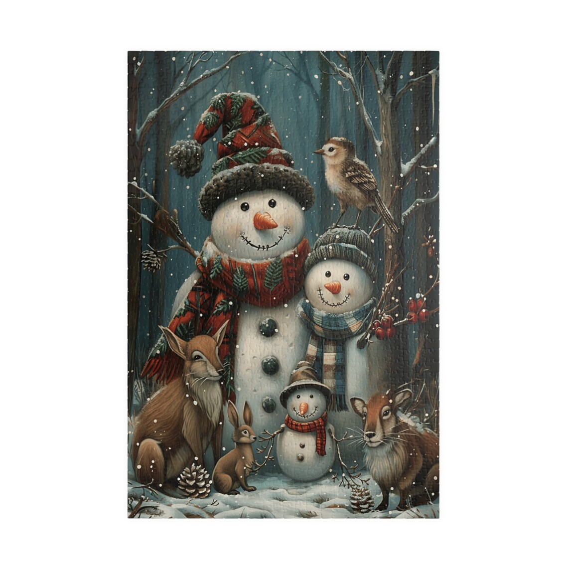 Snowman Family with Deer and Rabbit Snowy Forest Christmas Poster - Image 3