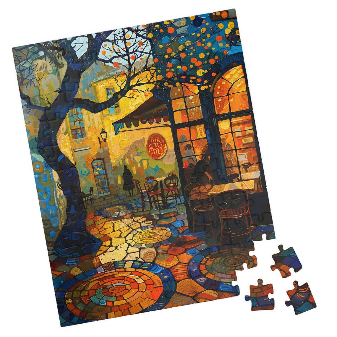 Glowing Twilight Cafe Terrace With Mosaic Cobblestone Art Poster
