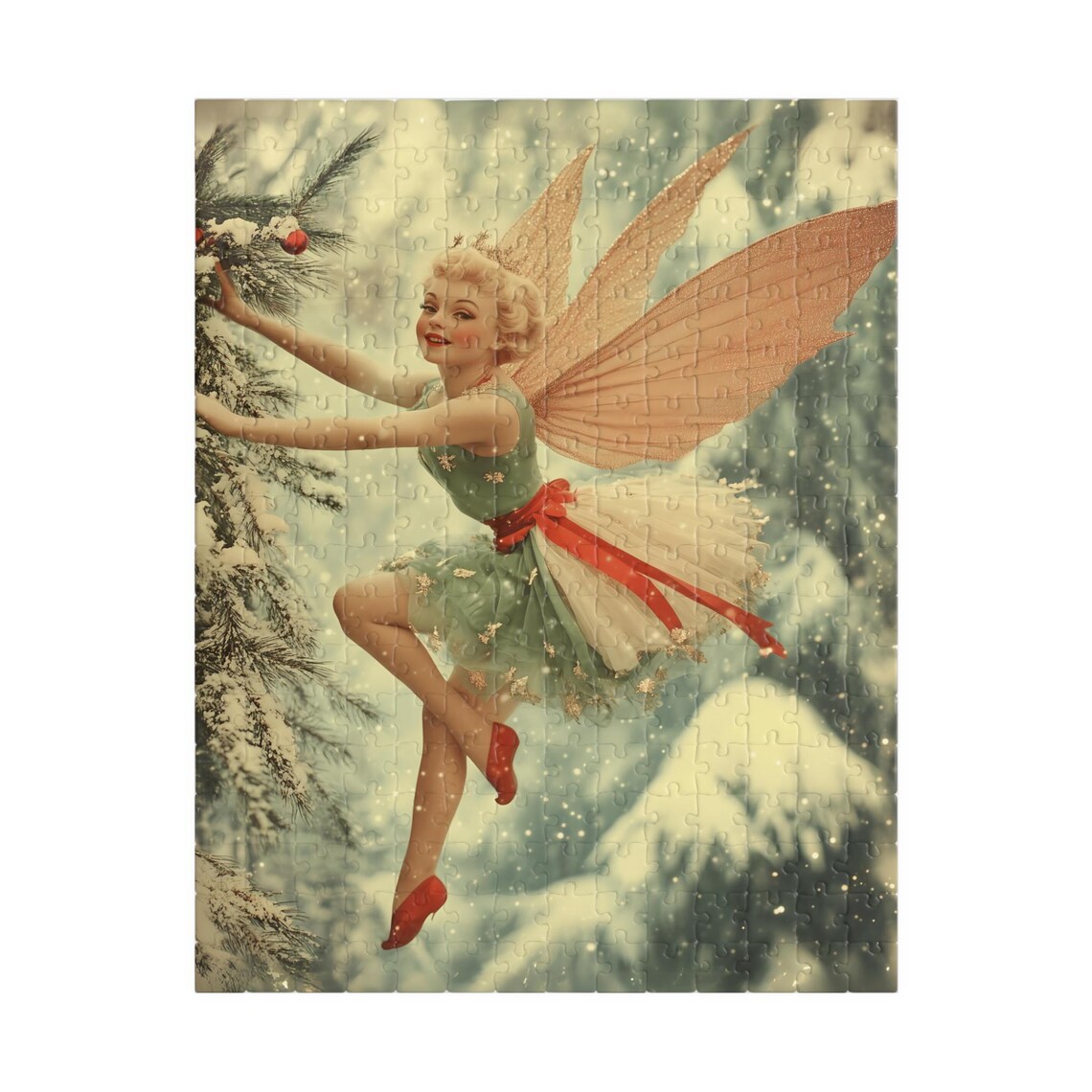Vintage Fairy In Green Dress Decorating A Snowy Tree Art Print - Image 5