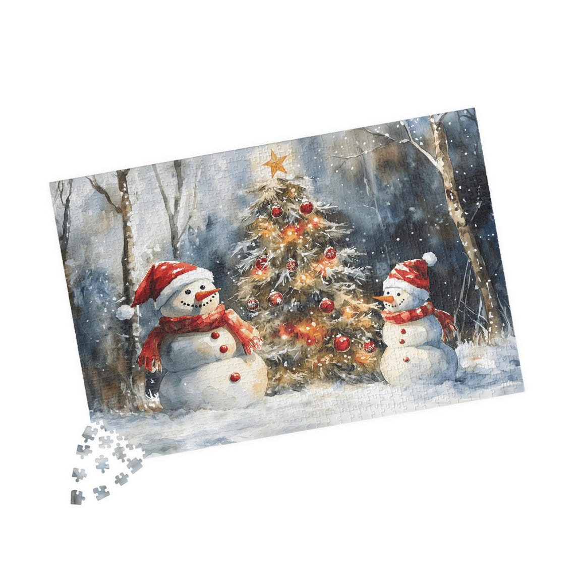 Two Snowmen In Santa Hats Beside A Lit Christmas Tree Winter Poster - Image 4
