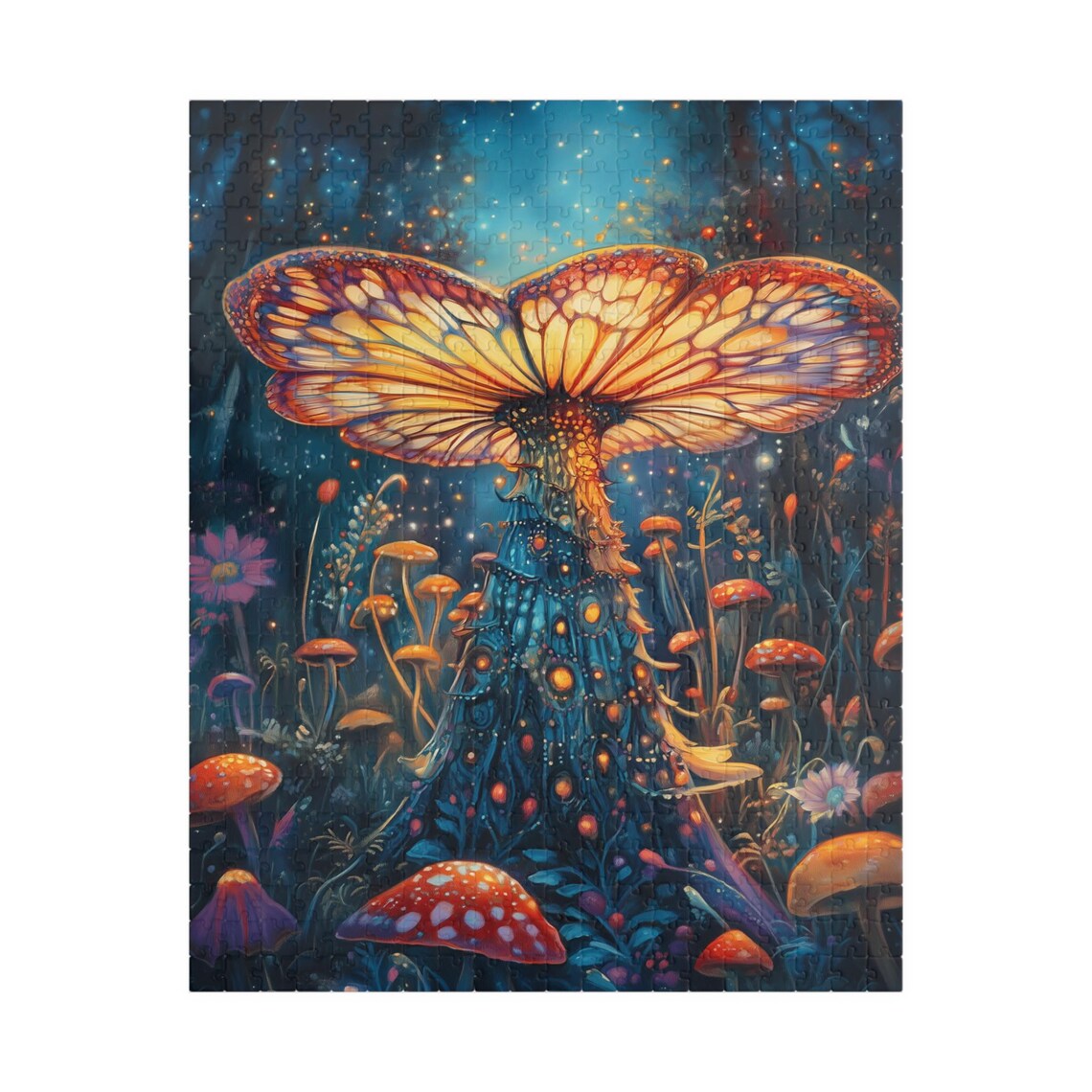 Glowing Forest Mushroom With Butterfly Wings at Night Poster - Image 2