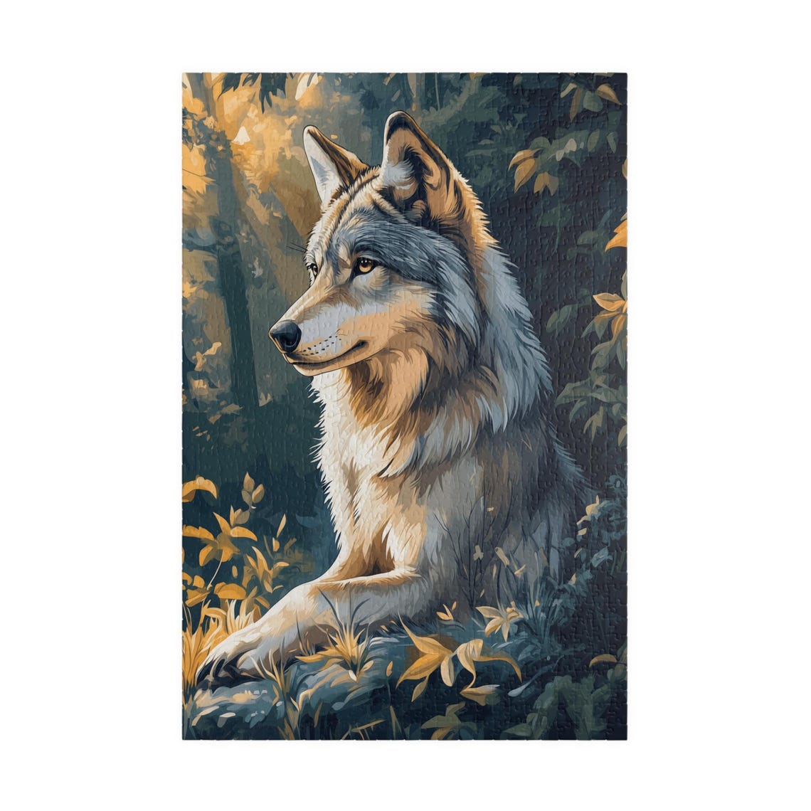 Majestic Gray Wolf Resting Alone in a Golden Autumn Forest Poster - Image 4