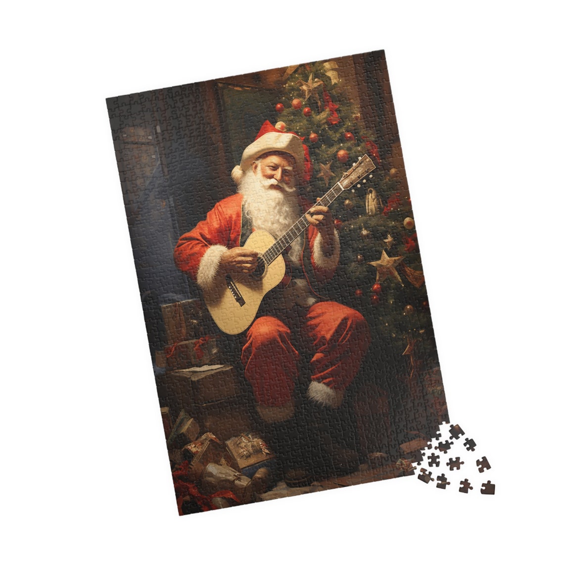 Festive Santa Claus Playing Guitar Beside Christmas Tree Art Poster - Image 4