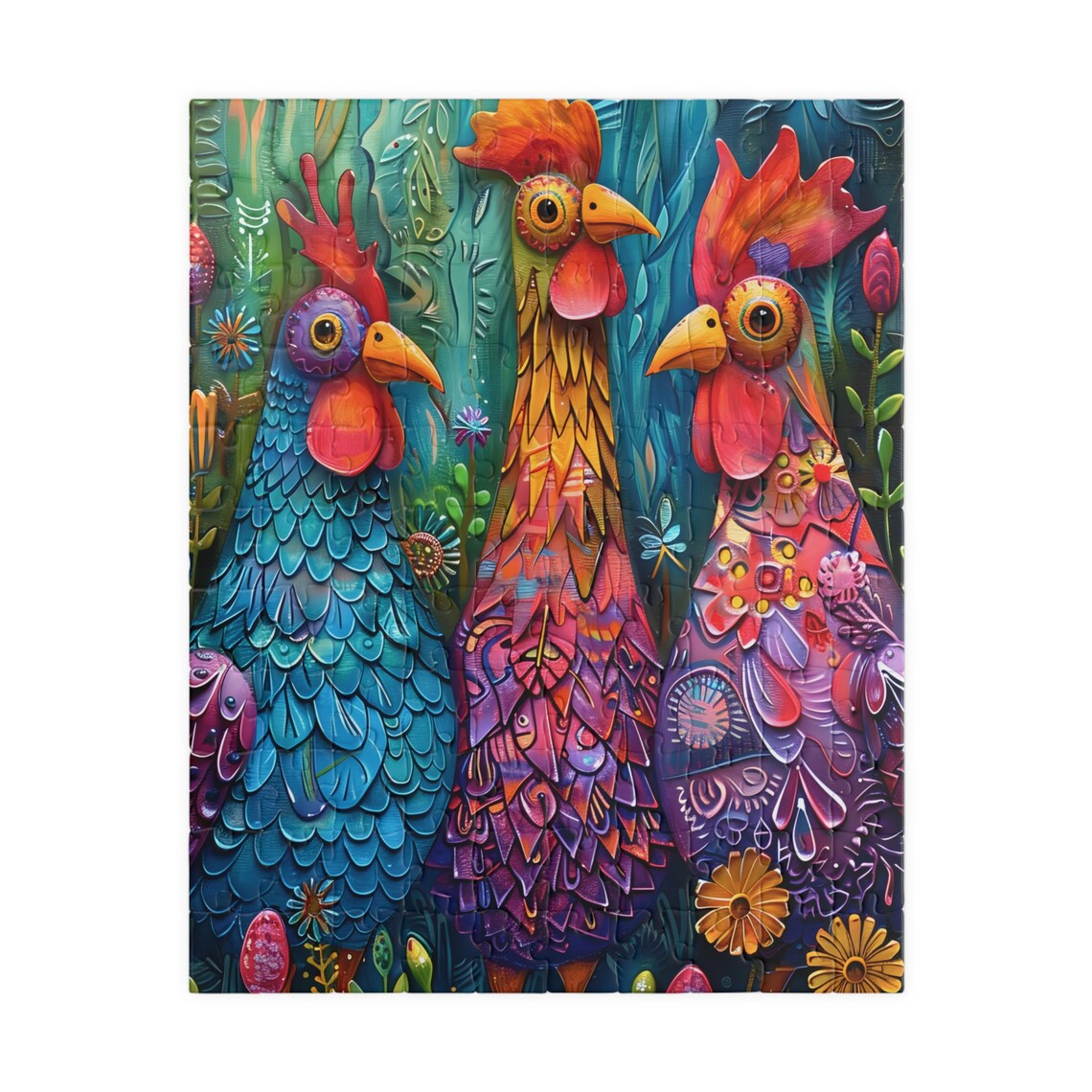 Three Silly Colorful Roosters Folk Art Garden Scene Wall Poster - Image 2