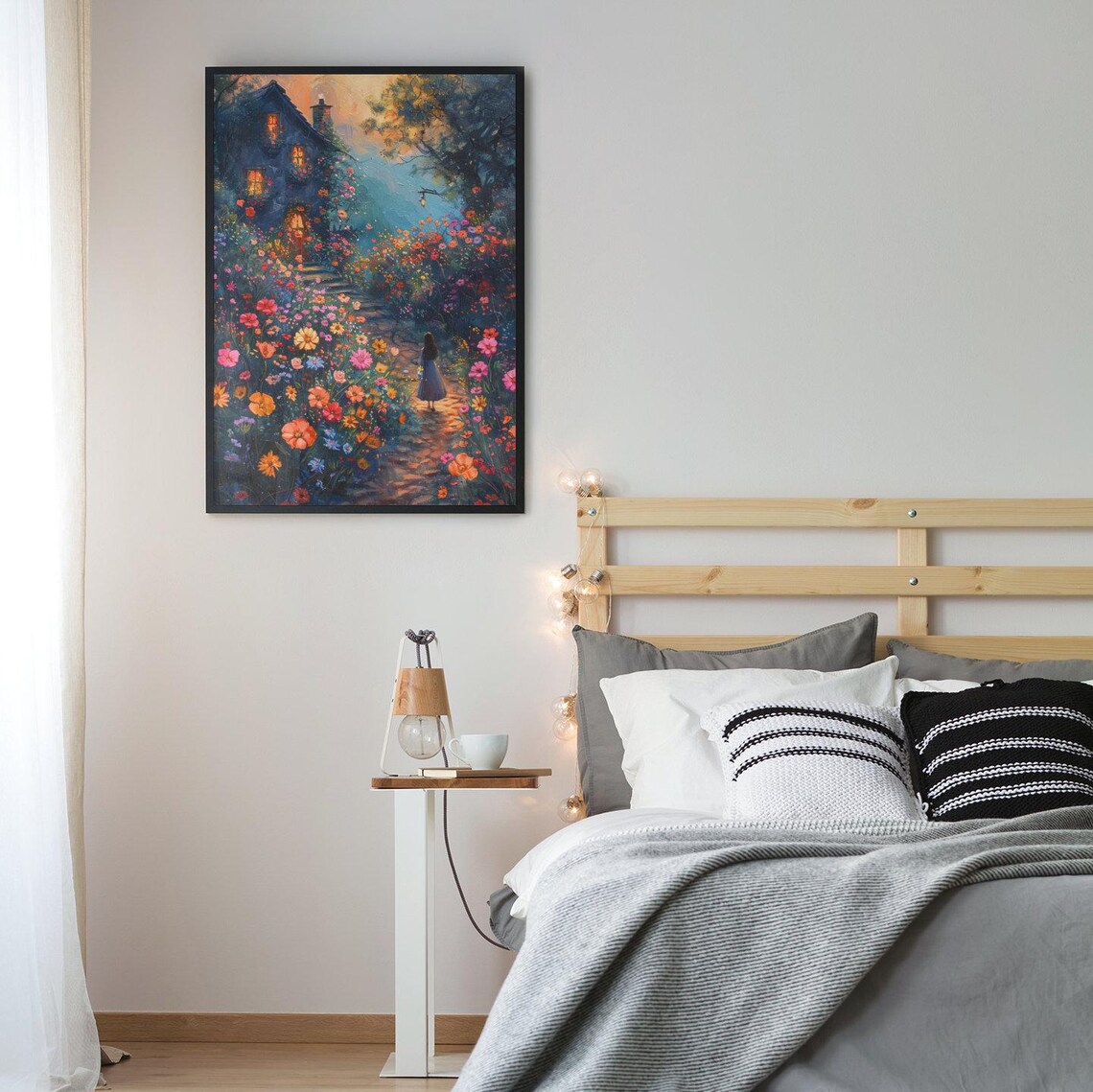 Girl Walking to Cottage Glowing Windows Wildflower Dusk Art Poster - Image 2