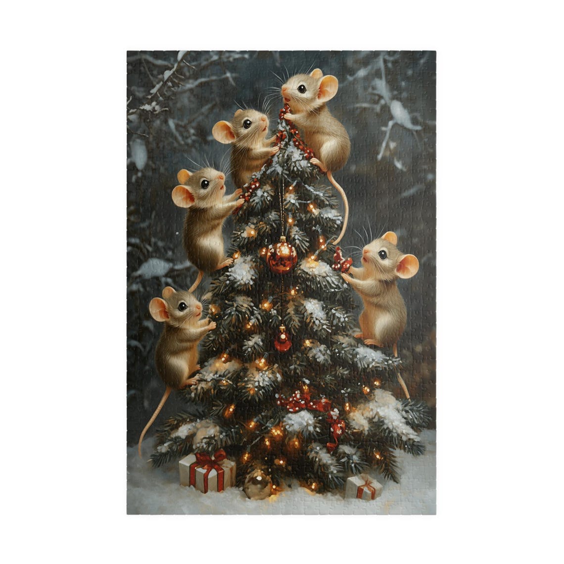 Cute Mice Decorating a Snowy Christmas Tree with Red Baubles Poster - Image 3