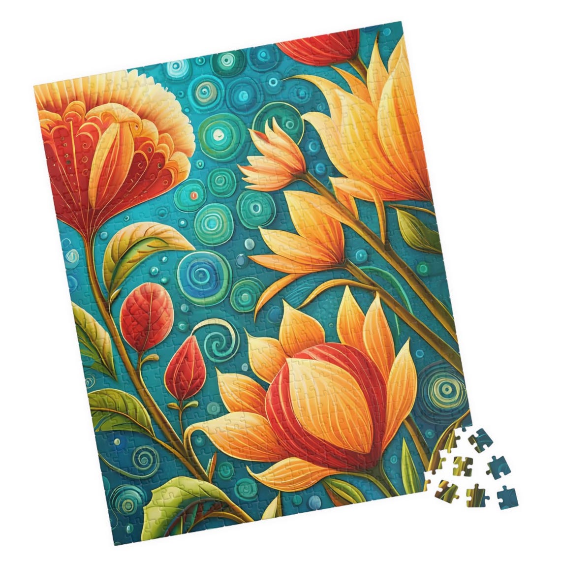 Stylized Orange Fantasy Flowers On Teal Boho Botanical Folk Art Poster