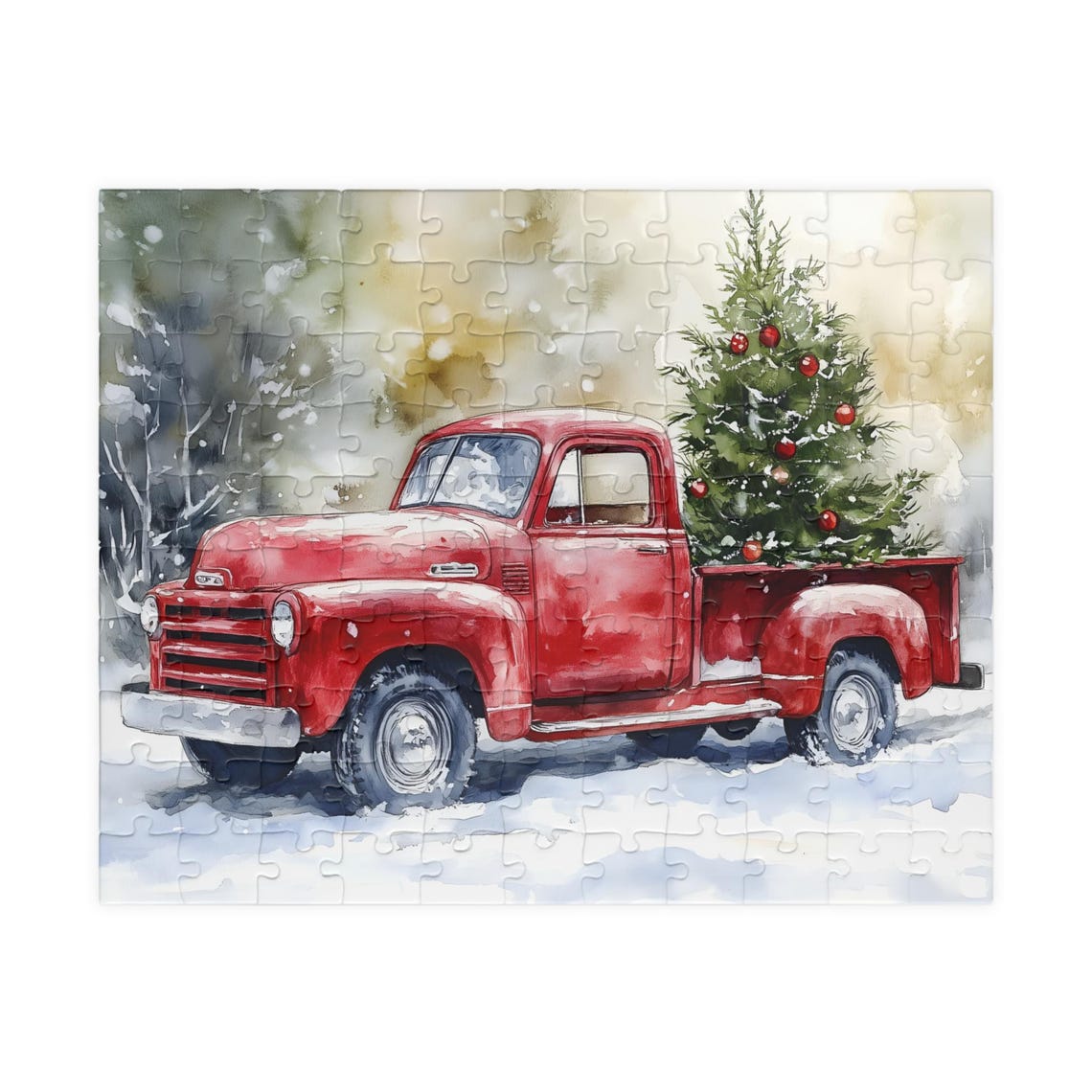 Vintage Red Pickup Truck Carrying A Christmas Tree In Snow Art Print - Image 5