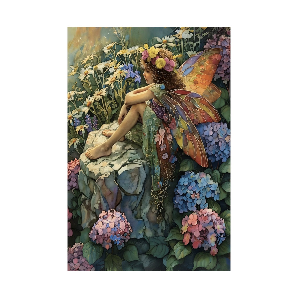 Fairy Resting on Rock Hydrangeas Rainbow Wings Floral Art Poster - Image 3