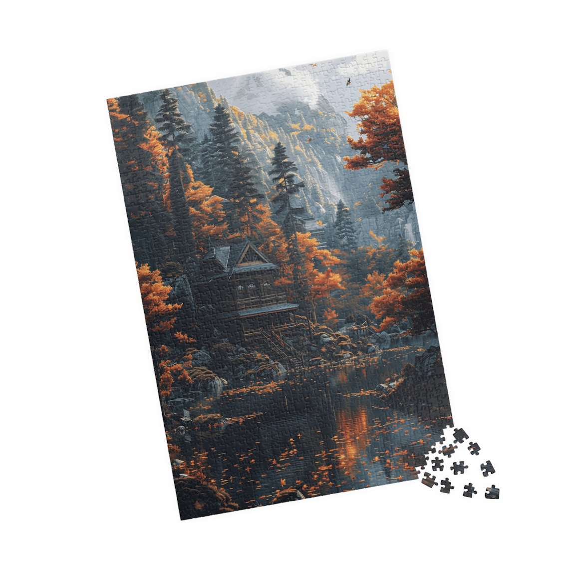 Autumn Mountain Retreat House By Lake Misty Valley Art Poster - Image 4