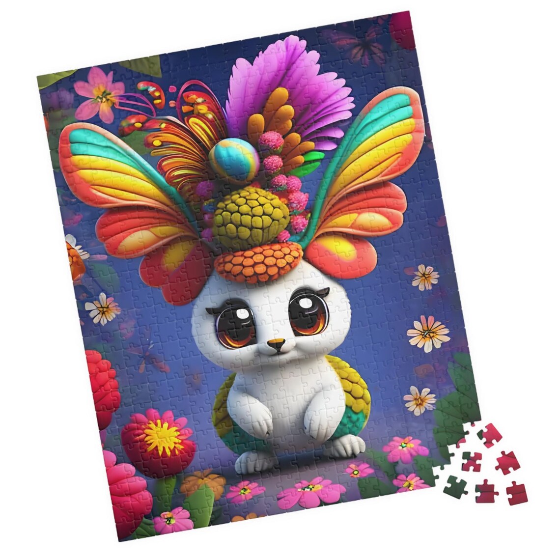 Cute White Bunny Wearing A Rainbow Fairy Wing Headdress Poster