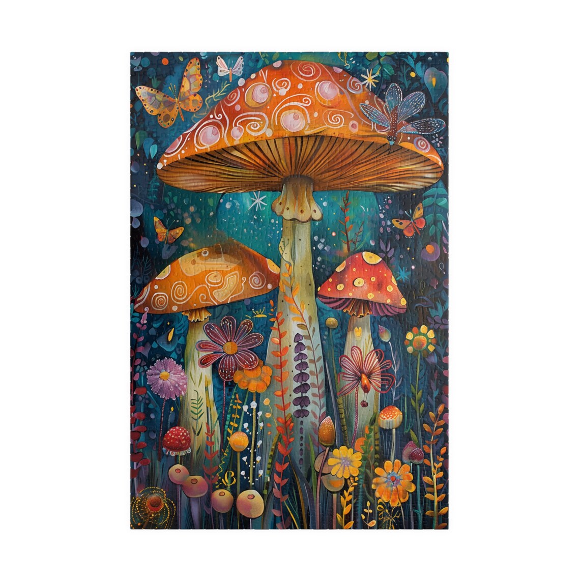 Whimsical Giant Mushrooms Butterflies Flowers Folk Night Poster - Image 3