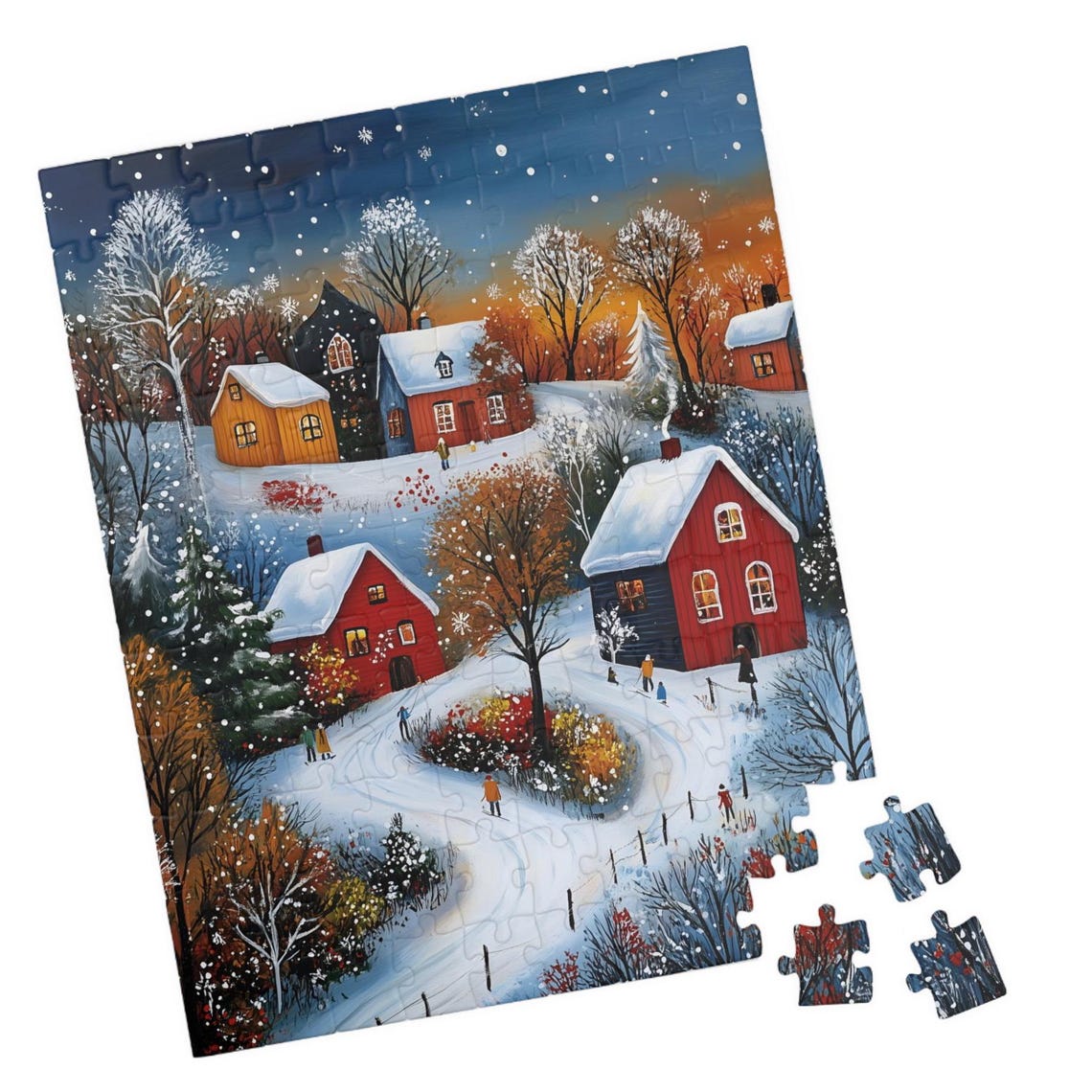 Snowy Village At Sunset With Glowing Red Cottages Art Poster