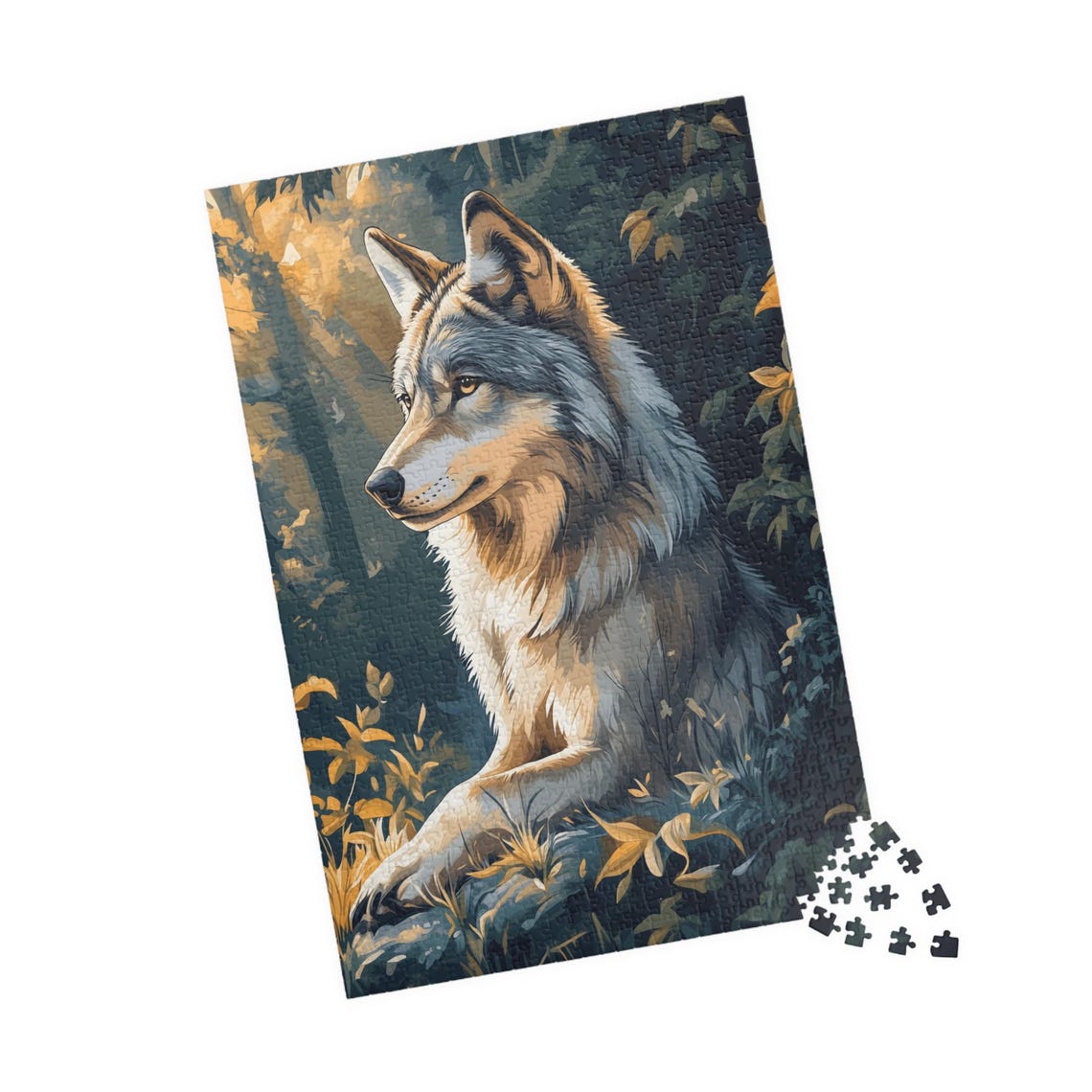 Majestic Gray Wolf Resting Alone in a Golden Autumn Forest Poster - Image 5