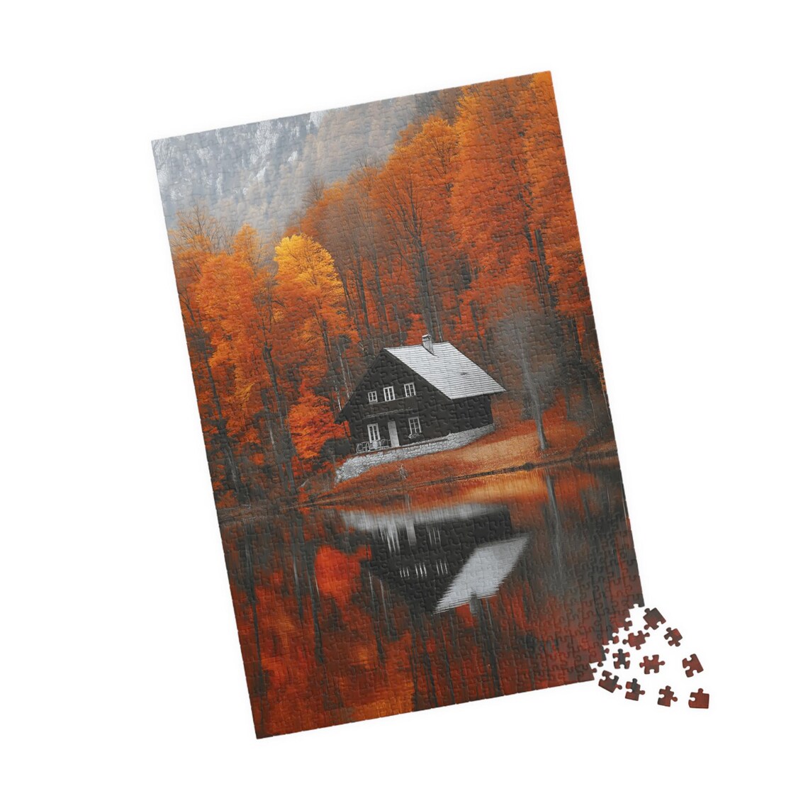 Lakeside Cottage in Autumn Reflected in Still Lake Orange Trees Poster - Image 4