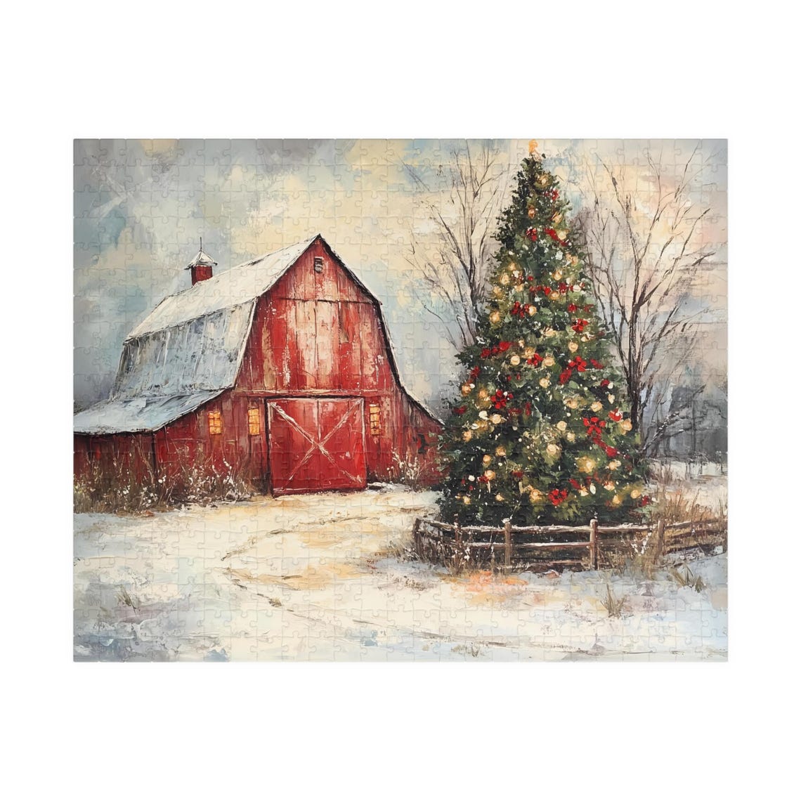 Red Barn Christmas Tree Snowy Winter Scene Jigsaw Puzzle Print - Image 2