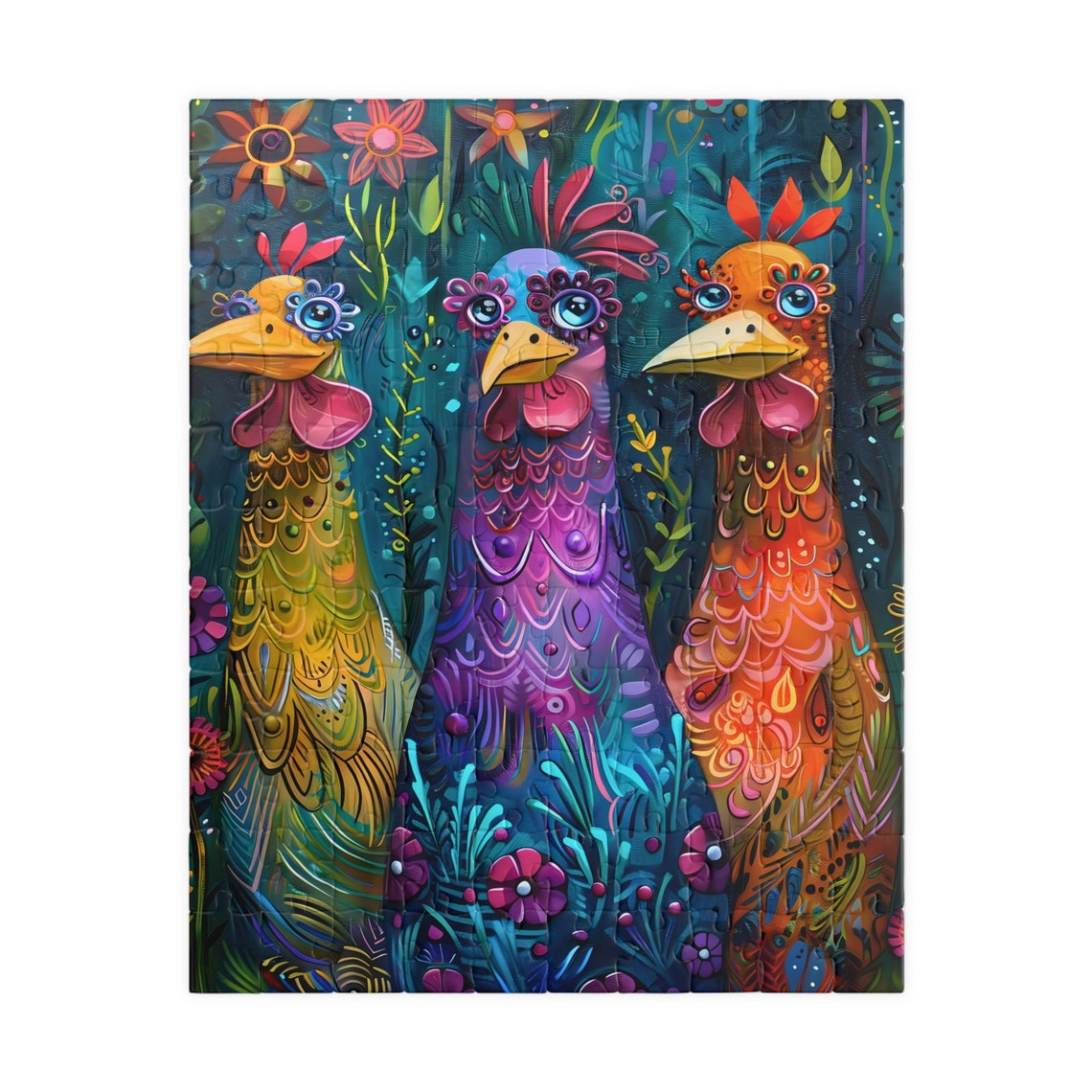 Three Fancy Whimsical Chickens With Jewel Tone Feathers Fun Art Poster - Image 2