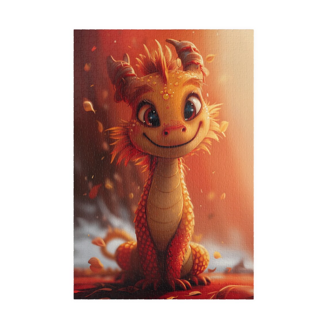 Cute Smiling Baby Dragon Playing Among Glowing Autumn Leaves Poster - Image 3