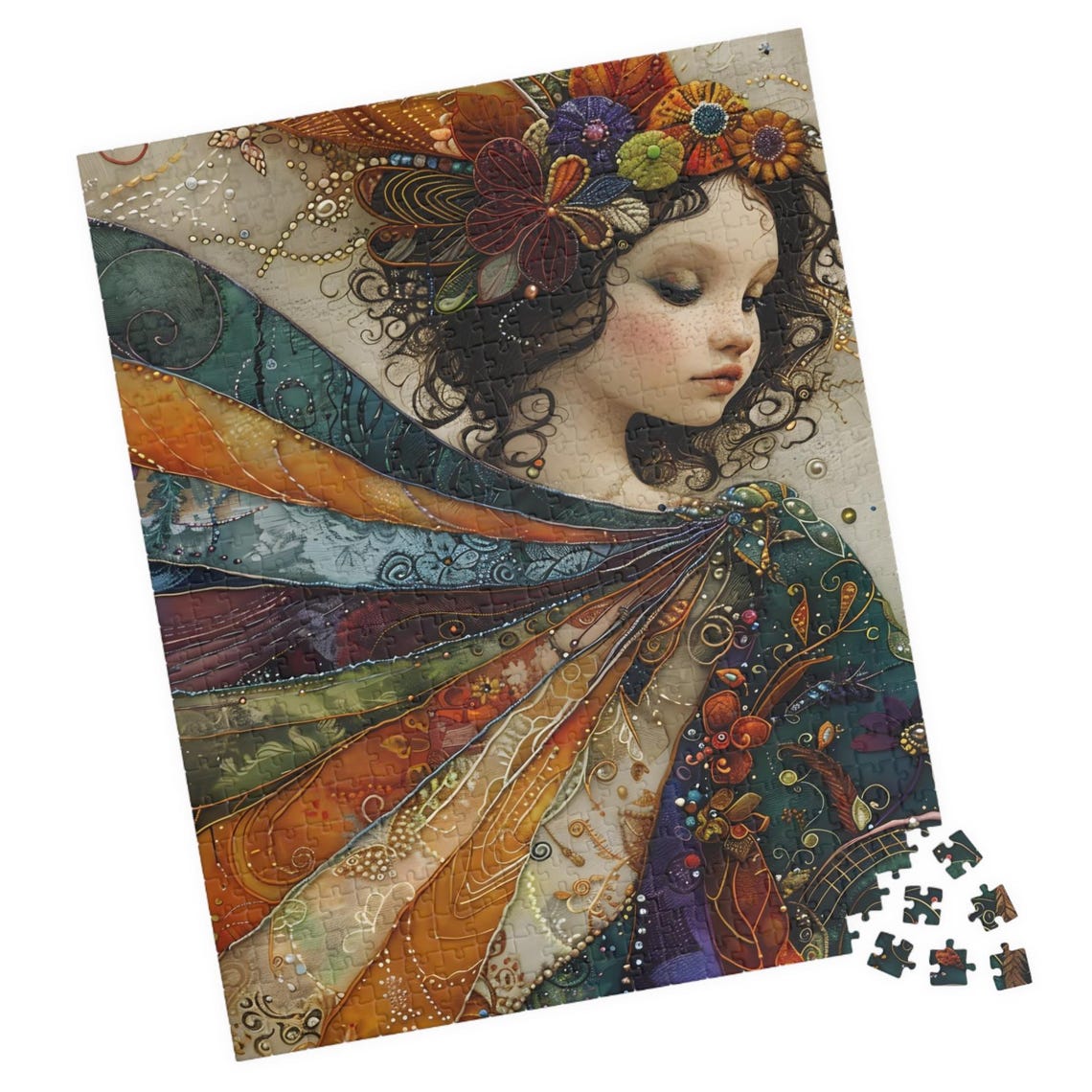 Dreamy Butterfly Girl Wearing a Vibrant Rainbow Flower Crown Poster