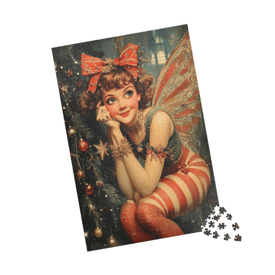 Vintage Christmas Fairy With Red Bow And Striped Stockings Poster - Image 4