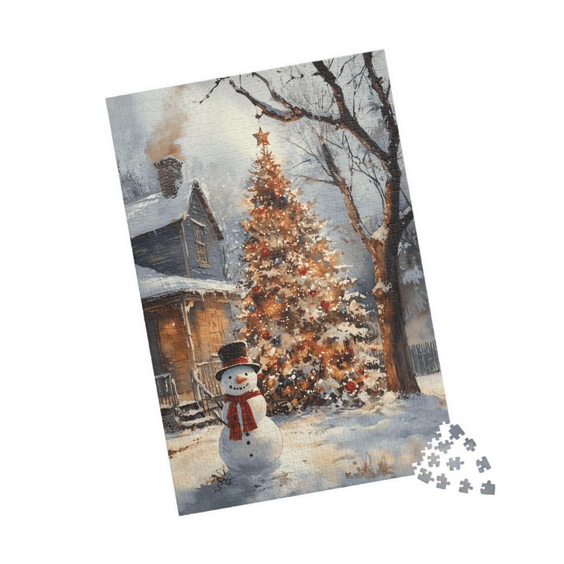 Snowman By A Glowing Christmas Tree Near A Snowy Cabin Art Print - Image 4