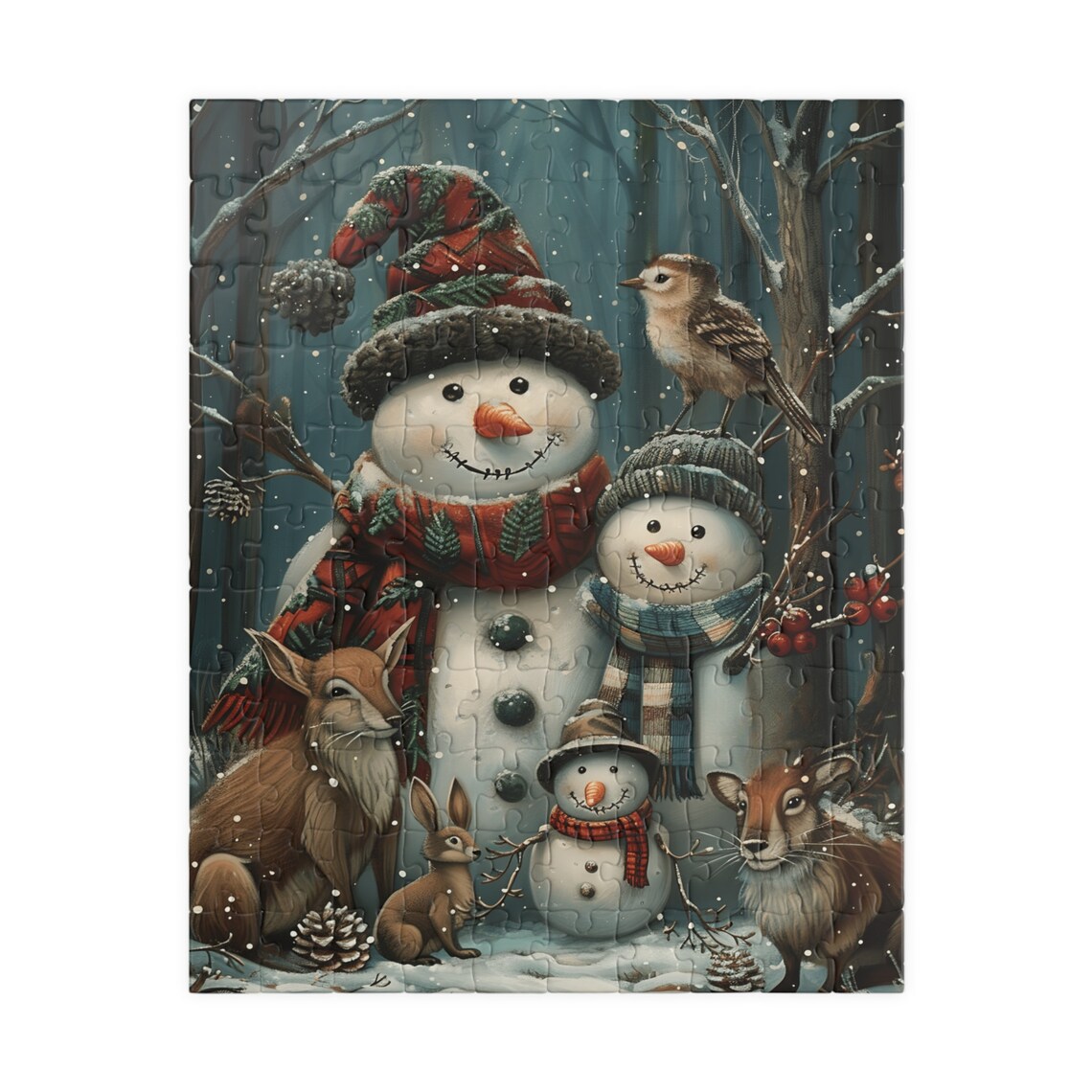 Snowman Family with Deer and Rabbit Snowy Forest Christmas Poster - Image 5