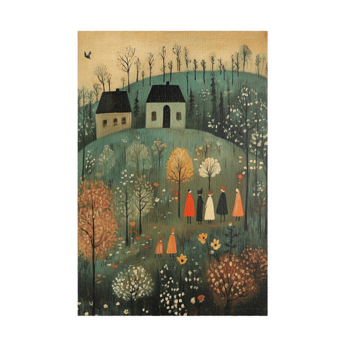 Early Spring Folk Art Village Cottages Blooming Flowers Scene Poster - Image 3