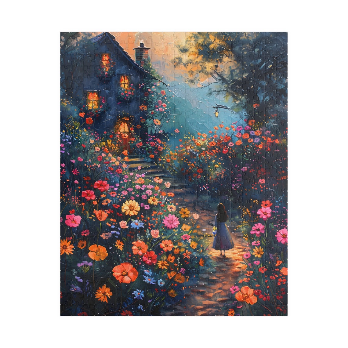 Moonlit Cottage Garden Girl Walking Among Night Bloom Flowers Poster - Image 5
