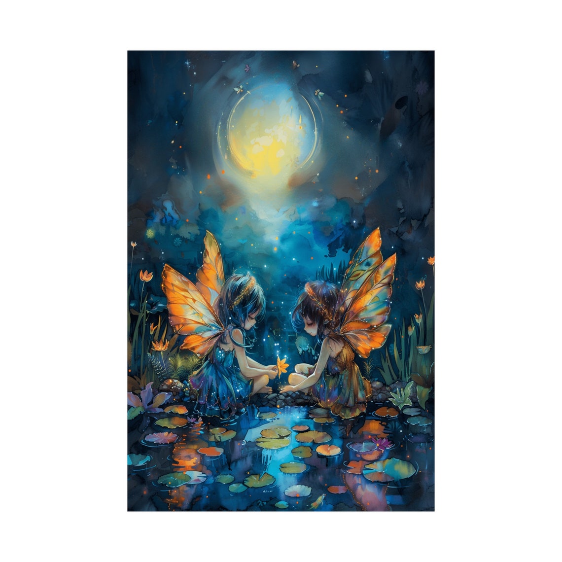 Two Little Fairies Sharing a Moment at a Moonlit Lily Pond Poster - Image 4