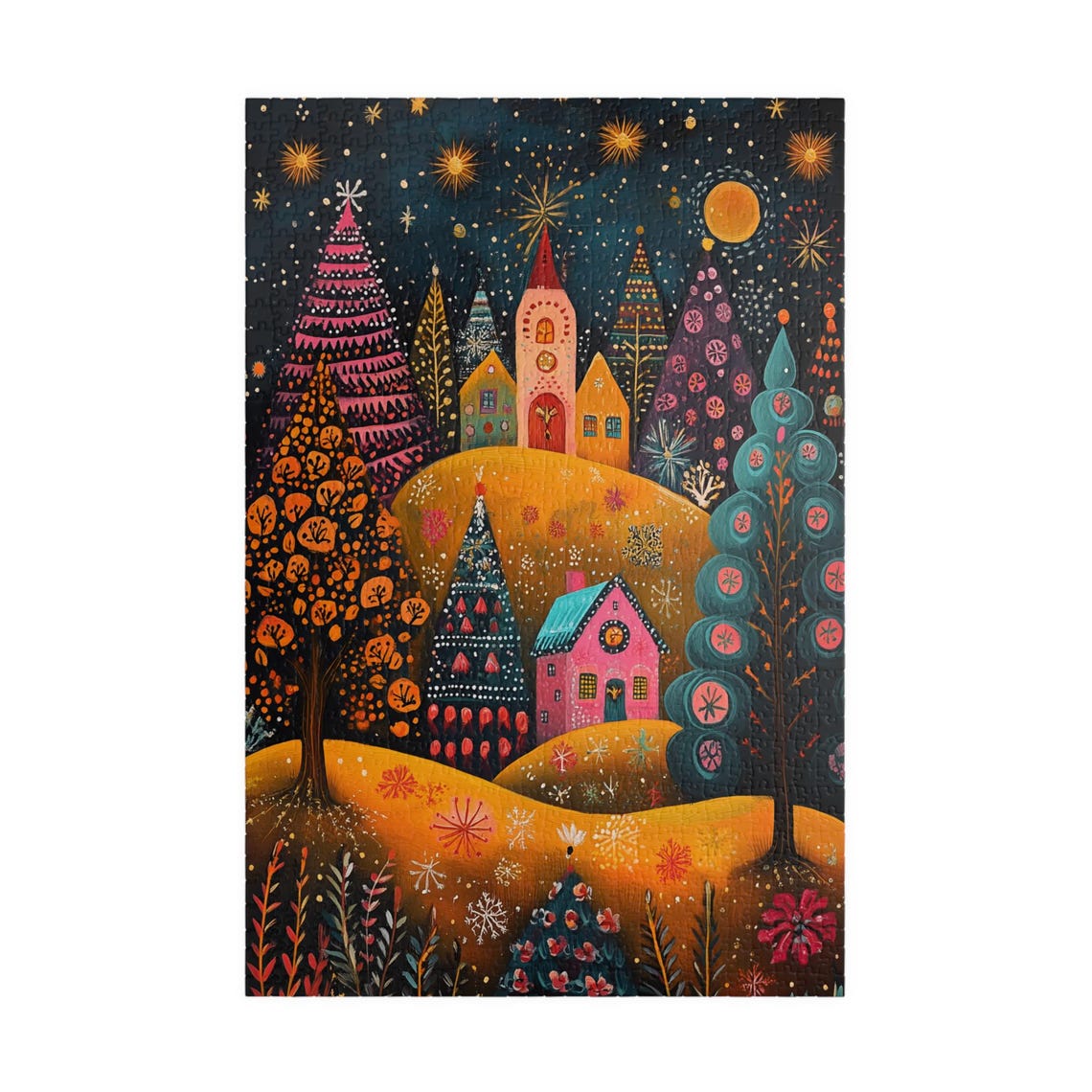 Mountain Village Under Starry Sky Whimsical Night Lights Folk Poster - Image 3
