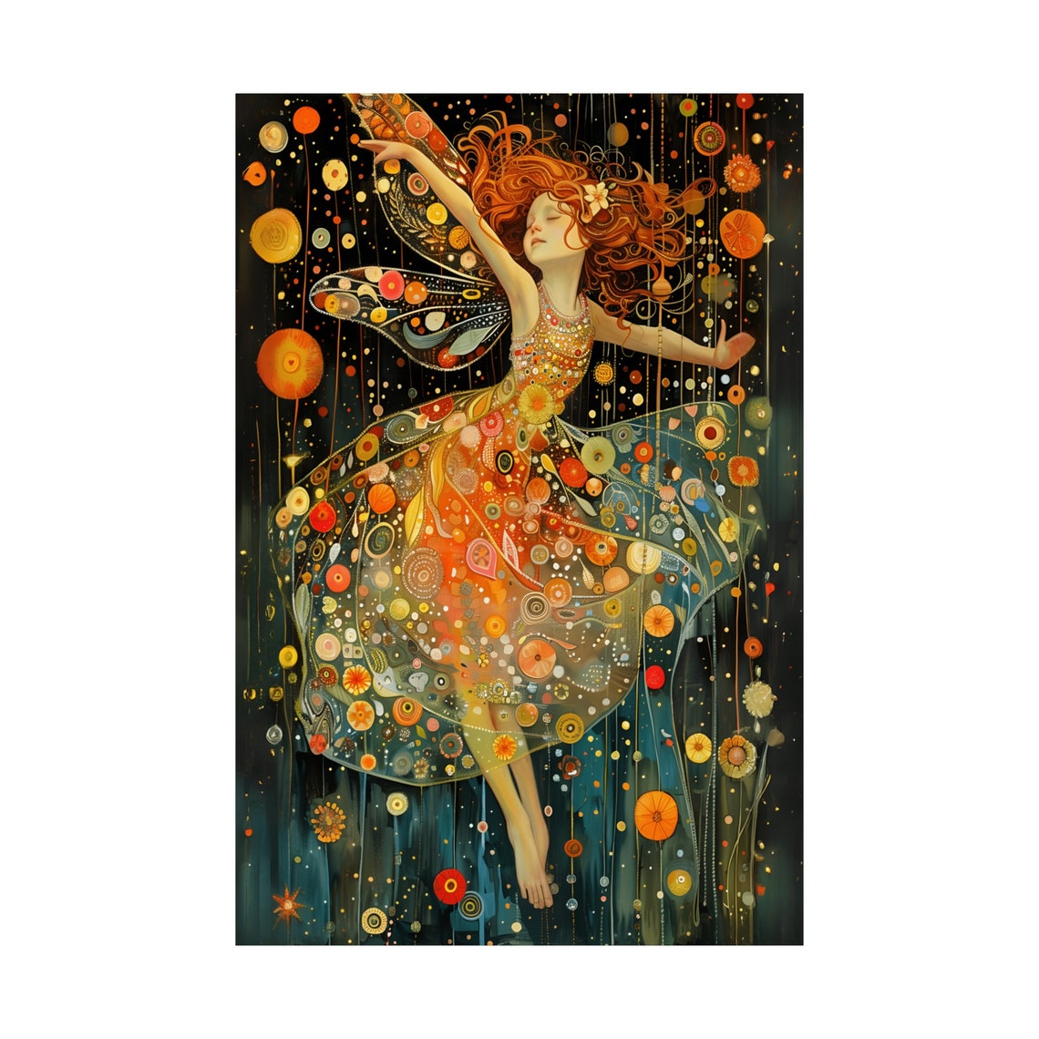 Dancing Red-Haired Fairy in a Swirling Patterned Dress Poster - Image 4