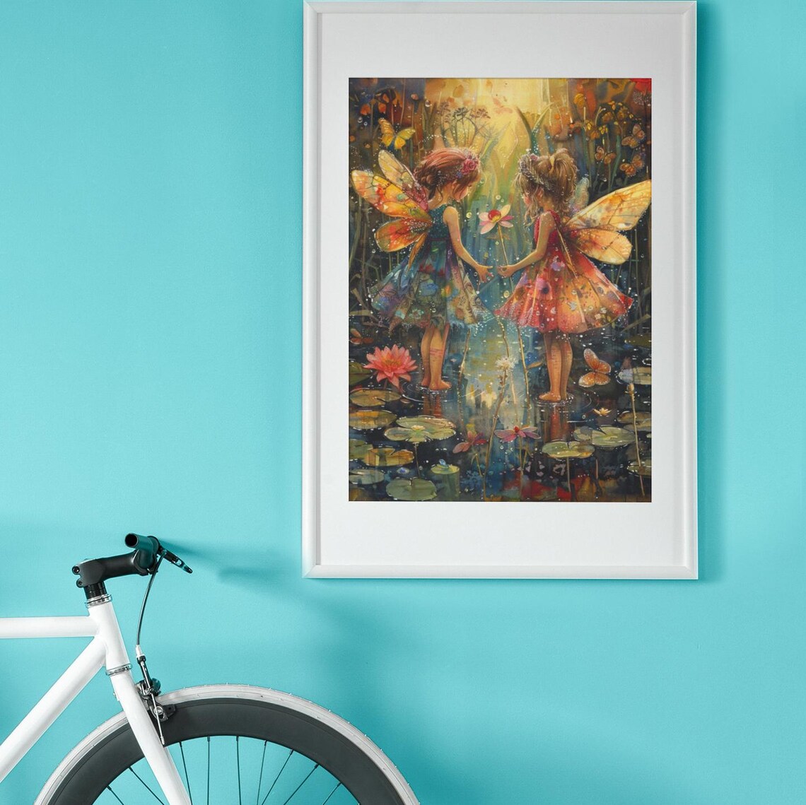 Two Fairies Holding Hands Lily Pond Golden Light Watercolor Poster - Image 2