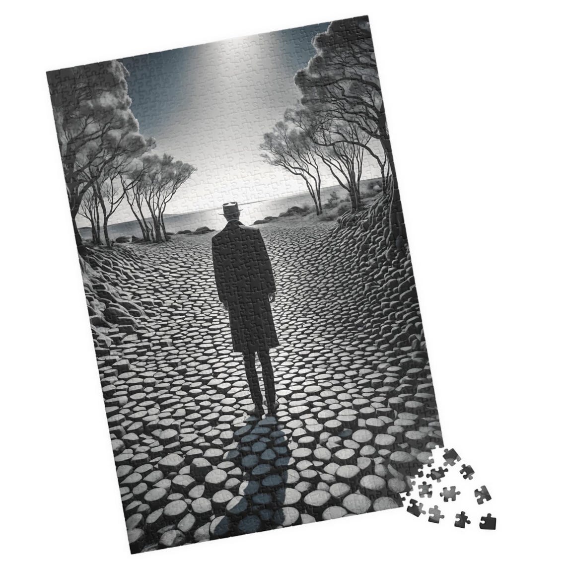 Surreal Black and White Man Walking a Stone Path to the Sea Print