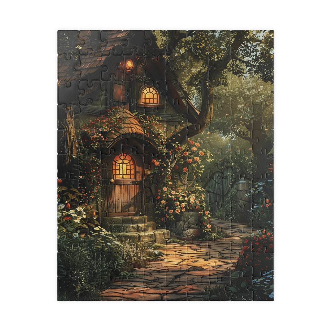 English Cottage at Twilight with Glowing Round Door Roses Poster - Image 2