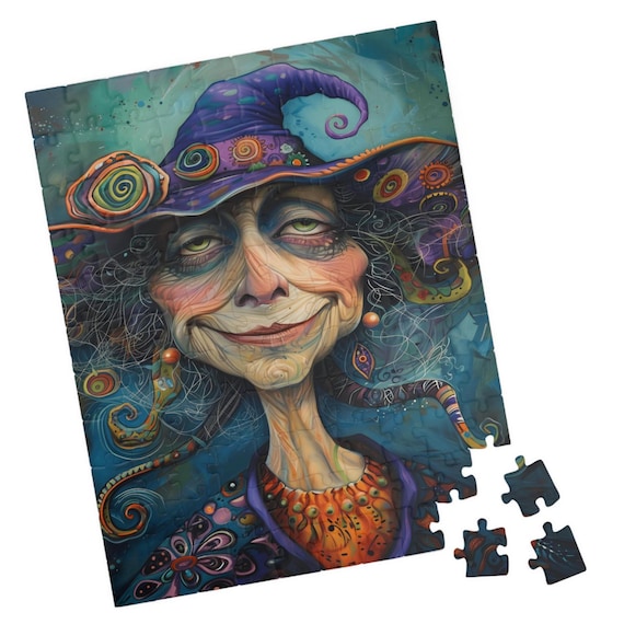 Whimsical Smiling Witch Portrait Colorful Jigsaw Puzzle Print