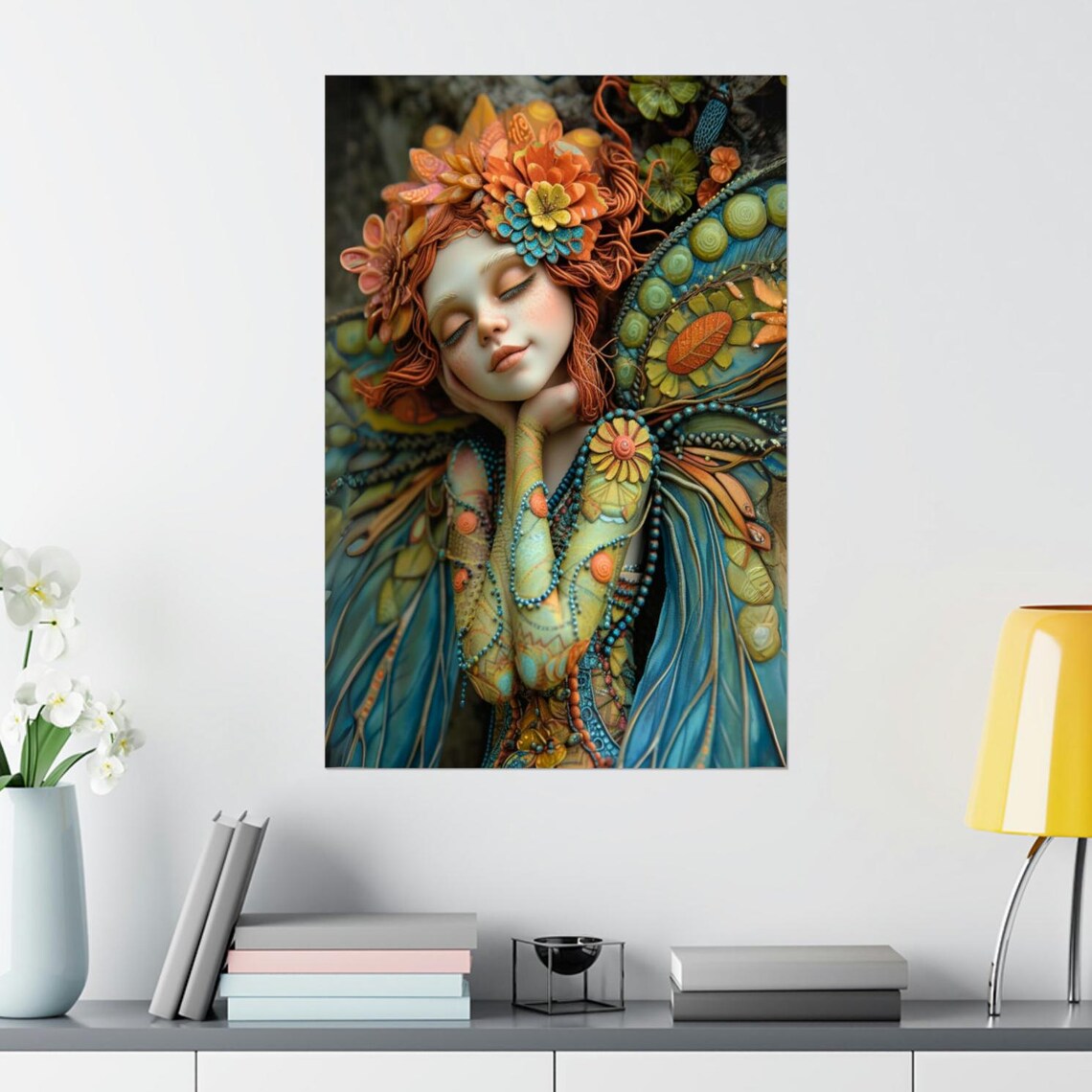 Peaceful Sleeping Red-Haired Fairy With a Flower Crown Poster