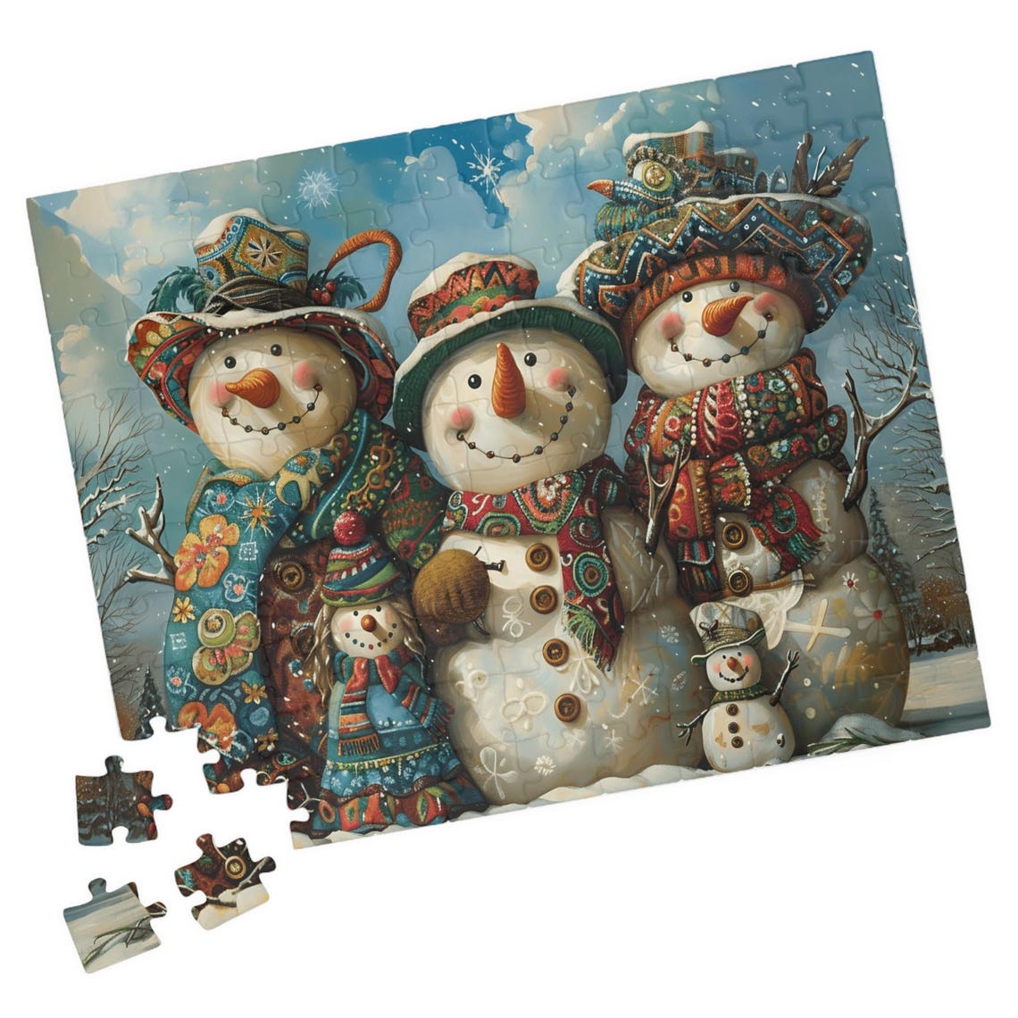 Whimsical Snowman Family Portrait in Patterned Hats and Scarves Poster
