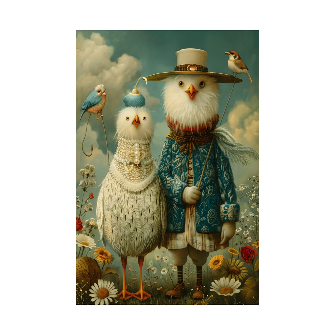 Two Dressed Birds In Fancy Hats Among Wildflowers Art Poster - Image 4